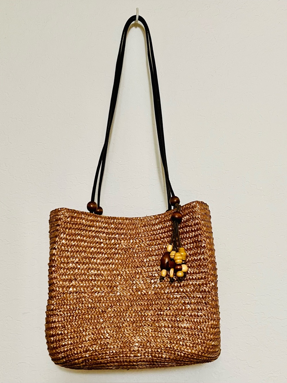 Woven Straw Shoulder Bag with Bead Accent - Brown